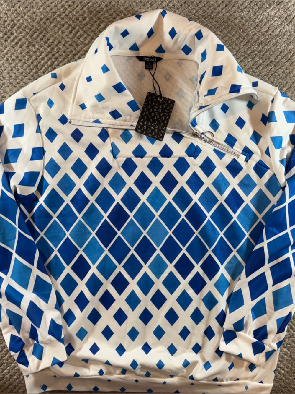 Acegolfs Women’s M 1/4 Zip Golf JacketBlue & White Geometric Diamond Print NWT - Picture 2 of 9